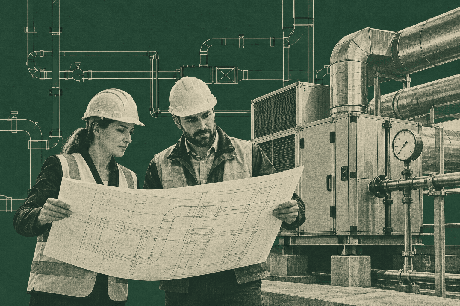 Engineering professionals reviewing building-services plans together.