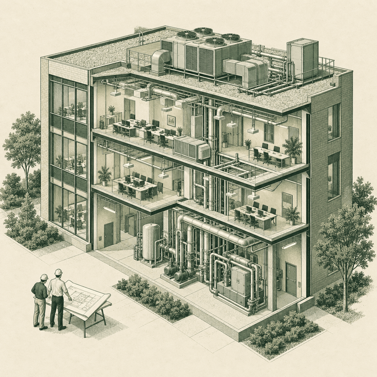 Editorial building cutaway showing HVAC ductwork, mechanical plant, and engineers reviewing a plan.